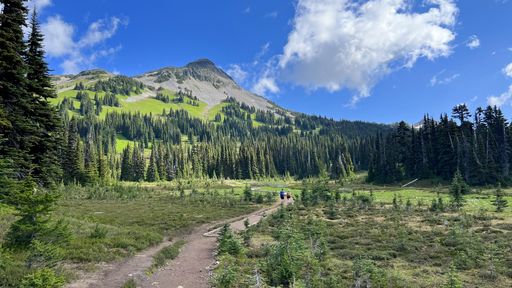 A scenic view of the Black Tusk surrounded by lush greenery. Garibaldi Provincial Park, BC, Canada.