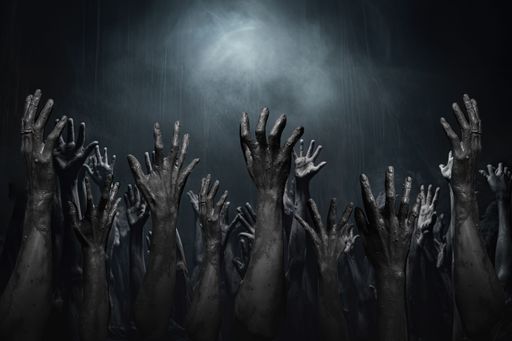 Halloween night background of numerous scary and creepy zombie hands rising from dark shadows
