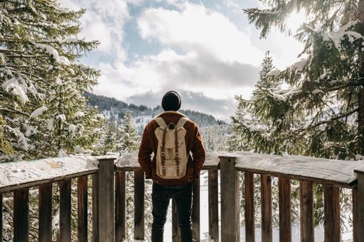 A man standing in front of wooden fences surrounded by hills and forests covered in the snow