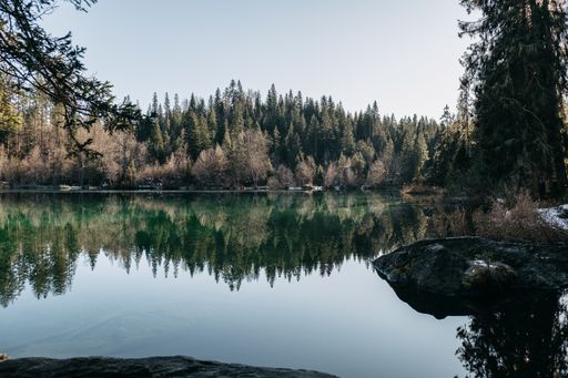 A lake surrounded by rocks and forests with trees reflecting on the water under the sunlight