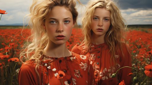 Two young women standing in a field of vibrant red wildflowers, looking at the camera intently