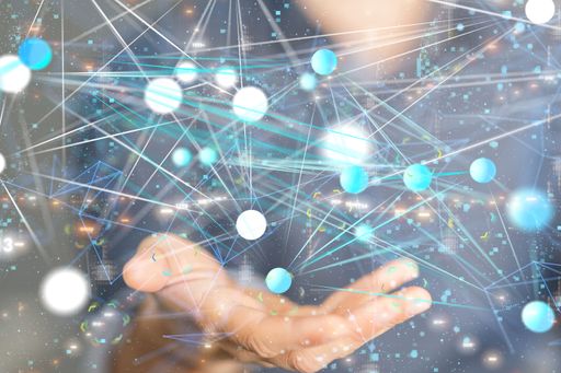 A person showing a network of data with connecting dots