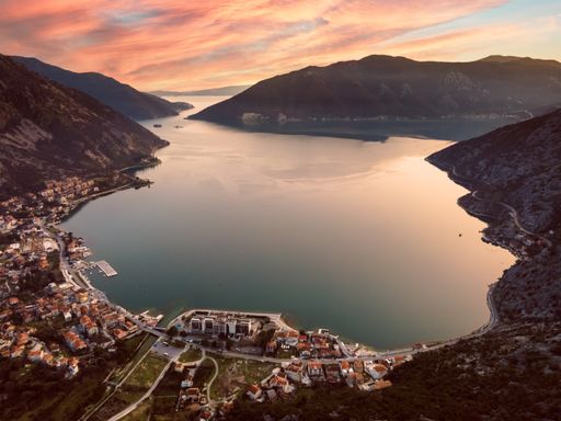 A beautiful shot of the Boka Bay in Montenegro at sunset