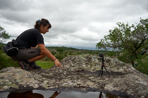 A traveler and blogger researching the natural environment and streaming with an action camera