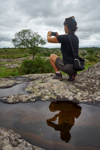 An unrecognizable traveler and blogger holding a phone and streaming in the natural environment