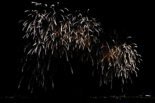 A beautiful view of colorful fireworks over the Lake Michigan near Chicago, IL in the night sky
