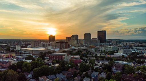 An aerial view of Dayton Ohio skyline at sunset