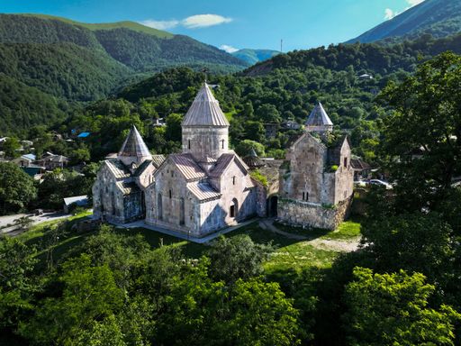An aerial view of the historic Goshavank Armenian monastery in Dilijan, Armenia