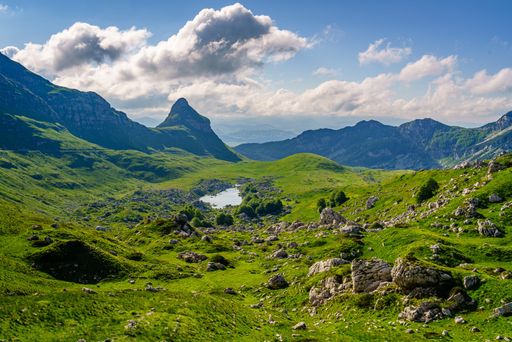 A tranquil view of Stozina Peak and Valovito Lake in Durmitor National Park of Montenegro