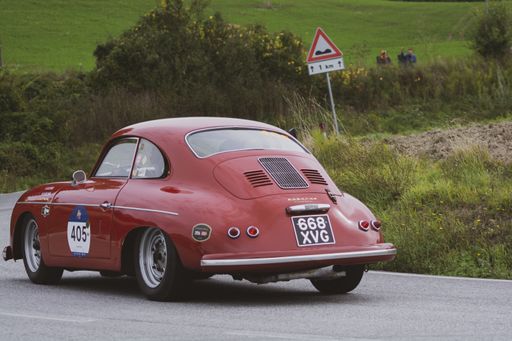CAGLI , ITALY - OTT 24 - 2020 : CAGLI , ITALY - OTT 24 - 2020 : PORSCHE 356 A CARRERA 1500 GS 1956 on an old racing car in rally Mille Miglia 2020 th