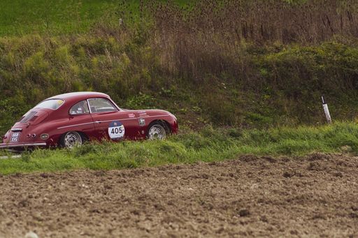 CAGLI , ITALY - OTT 24 - 2020 : CAGLI , ITALY - OTT 24 - 2020 : PORSCHE 356 A CARRERA 1500 GS 1956 on an old racing car in rally Mille Miglia 2020 th
