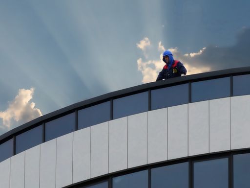 Novi Sad, Serbia, April 11th 2019. - Construction worker with blue helmet staying on the top of new building with sky and sun rays behind