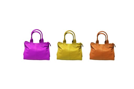 The three leather bags in unique, eye-catching colors isolated on a white background.