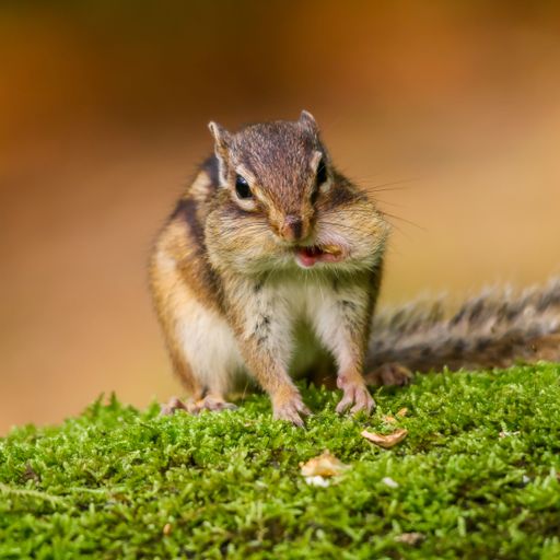 A close-up of an adorable Siberian chipmunk standing on a mossy log and chewing on nuts