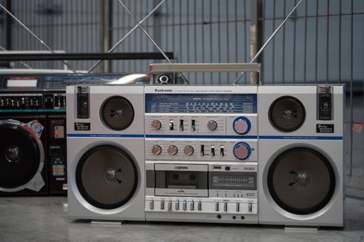 Detail of an old gray cassette radio