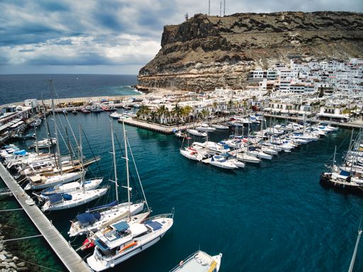 An aerial view of the stunning harbor of Puerto de Mogan on Gran Canaria, Spain.