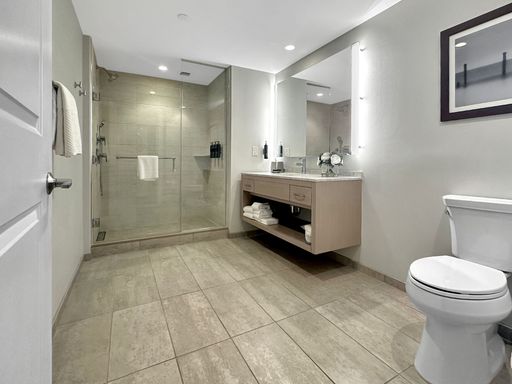 This image features a contemporary bathroom with a sink, a toilet, and a large mirror
