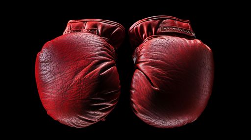 An overhead view of red leather boxing gloves against a black background