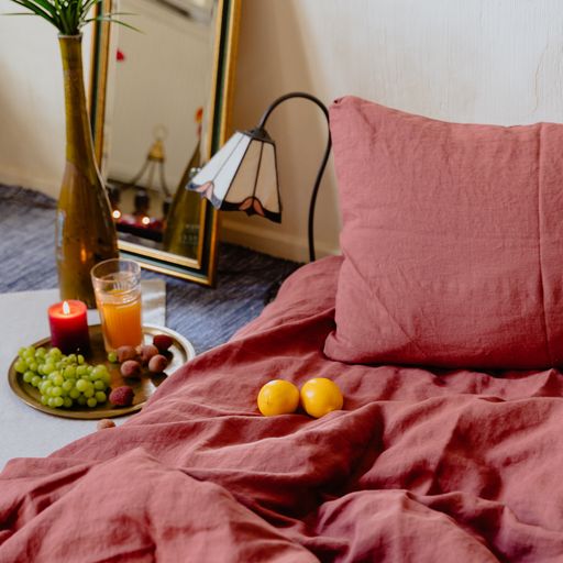 A cozy bedroom interior with a healthy breakfast