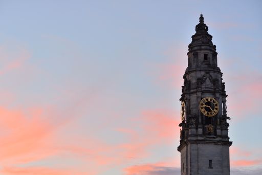 A low angle shot of City Hall Cardiff UK