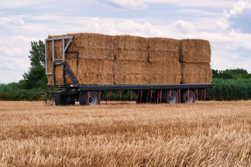 An agricultural tractor with a trailer carrying a full load of hay bales parked in a grassy field
