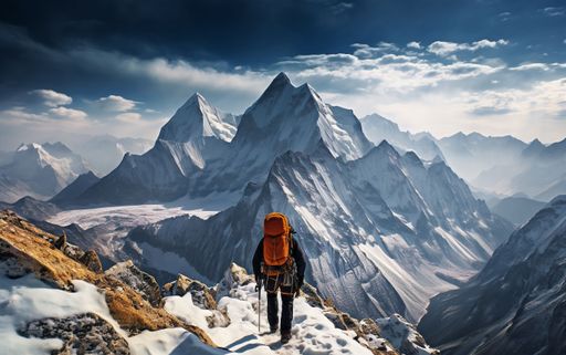 A man can be seen from the back, as he is hiking on top of a snow-covered mountain