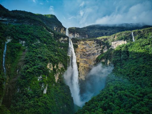 View from drone on Gocta Falls 771m, one of tallest waterfalls in the world,  located close to Chachapoyas, one of the gateways to the Peruvian jungle