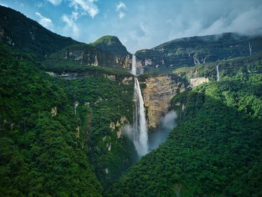 View from drone on Gocta Falls 771m, one of tallest waterfalls in the world,  located close to Chachapoyas, one of the gateways to the Peruvian jungle