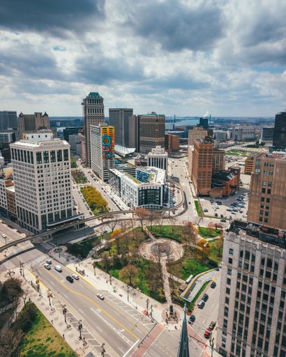 Aerial photo of Detroit City Capitol Park.  Scene also includes the people mover.