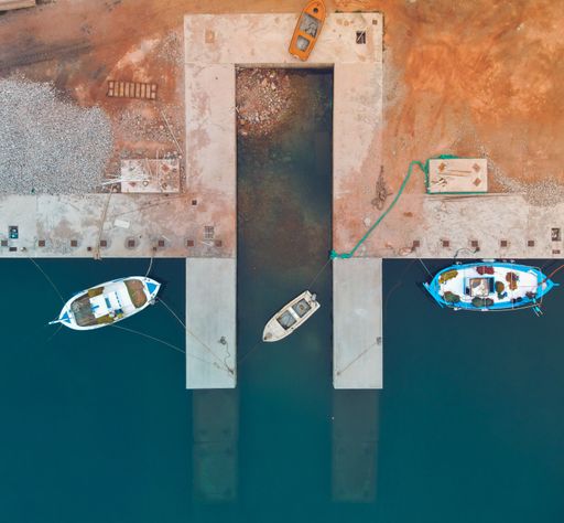 An aerial shot of the fishing harbor in the village of Sigri, Lesbos, Greece