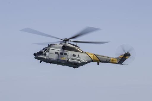 Barcelona, Spain; August 6, 2018: Helicopter of spanish Army in rescue mission. Aerospatiale SA 330 Puma