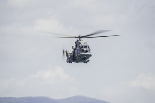 Barcelona, Spain; August 6, 2018: Helicopter of spanish Army in rescue mission. Aerospatiale SA 330 Puma