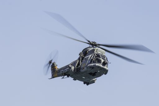 Barcelona, Spain; August 6, 2018: Helicopter of spanish Army in rescue mission. Aerospatiale SA 330 Puma