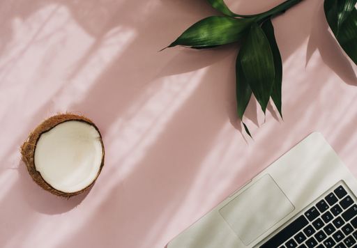 A top view shot of a pink surface, a laptop on it, green plant leaves, and half of a coconut
