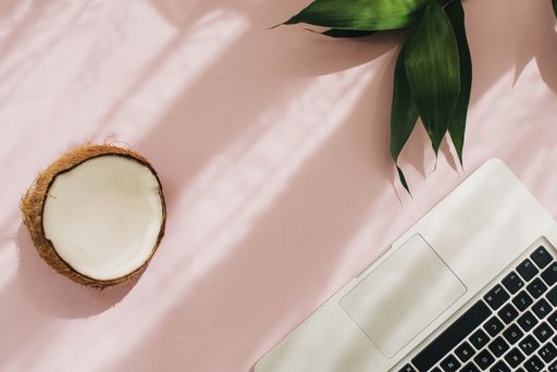 A top view shot of a pink surface, a laptop on it, green plant leaves, and half of a coconut