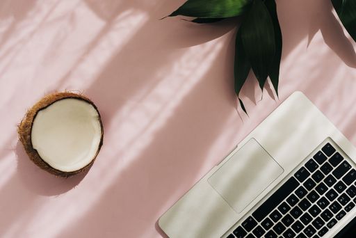A top view shot of a pink surface, a laptop on it, green plant leaves, and half of a coconut