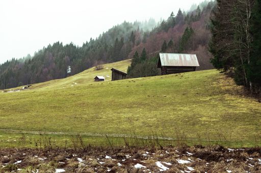 A field with two wooden barns surrounded by forests covered in fog under the cloudy sky