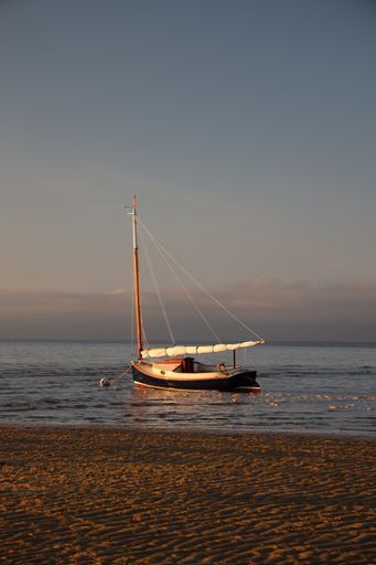 A vertical shot of the sandy beach and a sailboat in the blue sea during sunrise