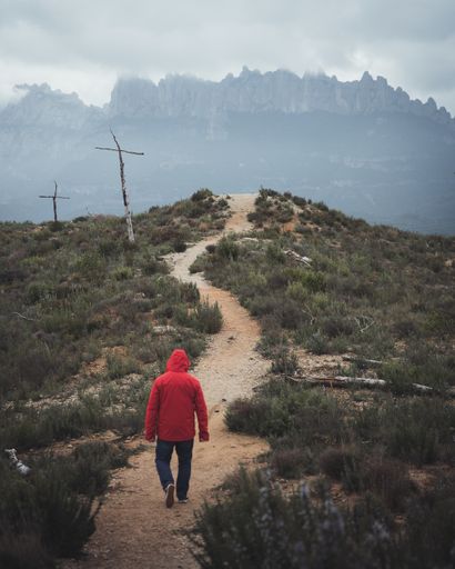 A vertical shot of a male in a red coat walking through the path on a gloomy day