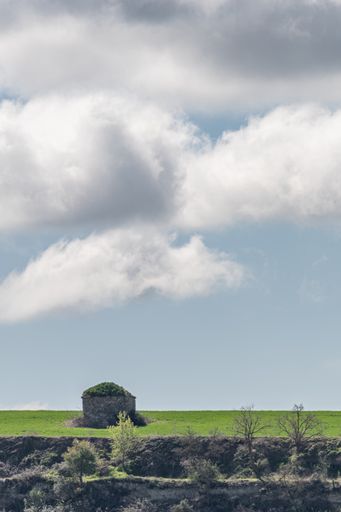 A vertical shot of a small farmer's stone hut on a green cereal field under cloudy sky