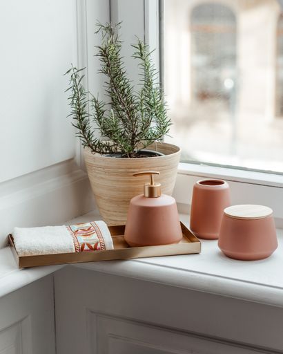 A vertical shot of rosemary plant and ceramic bathroom accessory set with a towel on the windowsill