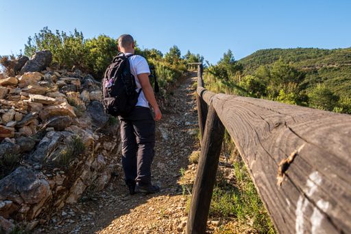A guy with a backpack standing next to a simple wooden fence made of a log that goes uphill following a pathway