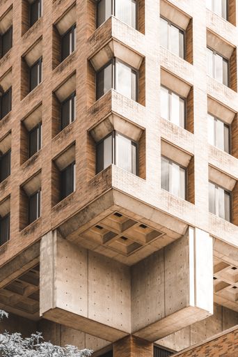 A vertical of a brutalist style architecture in New York City, USA