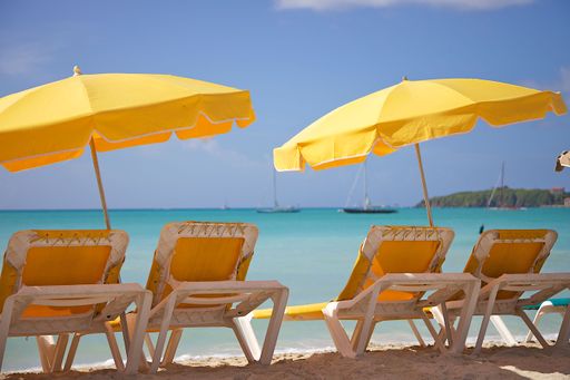 A scenic view of beach chairs with umbrellas on a sandy beach on a sunny day