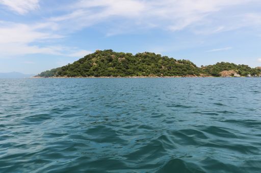 A landscape of the sea surrounded by hills covered in greenery under the sunlight