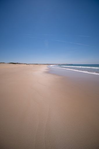 A vertical shot of fine sandy shore under blue sky - perfect for wallpaper or background