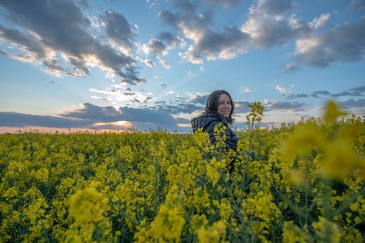 A happy caucasian female in the middle of a field of yellow rapeseed flowers, with sunset and clouds in the background