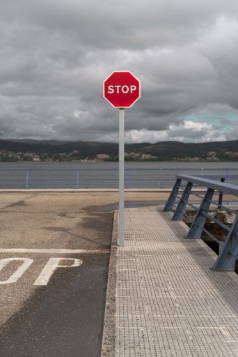 A red stop sign on the road by a lake on a stormy day - vertical shot