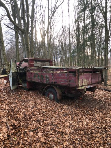 A rusty old, abandoned scrap truck in the middle of a forest