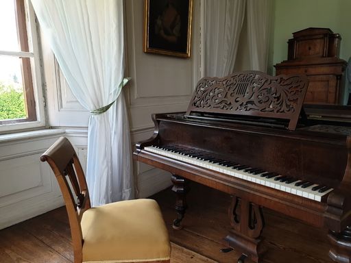 A closeup of a piano inside a room